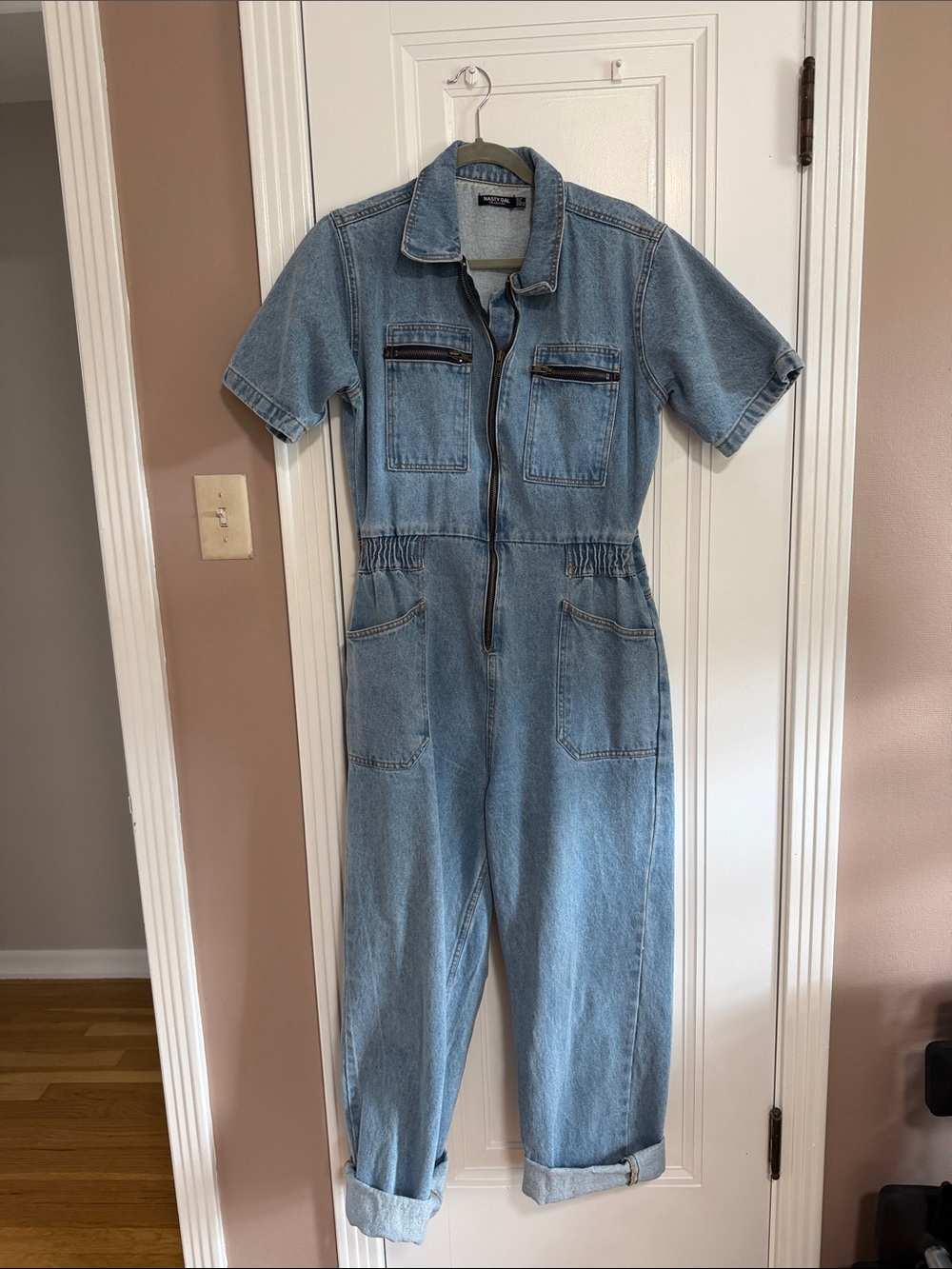 Nasty Gal Light Blue Denim Short-Sleeve Zip Jumpsuit